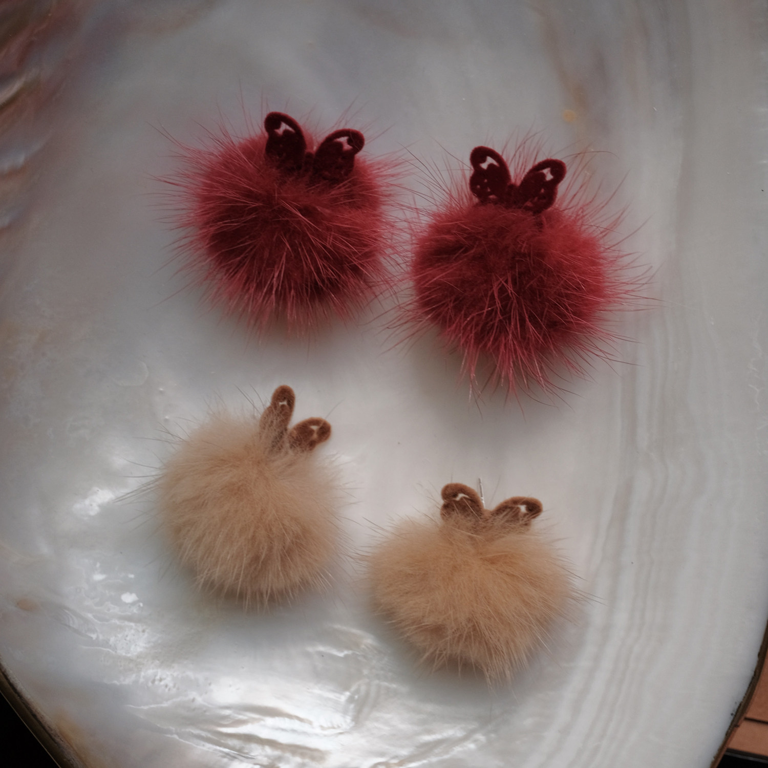 秋冬美拉德棕色毛绒绒皮质耳钉女