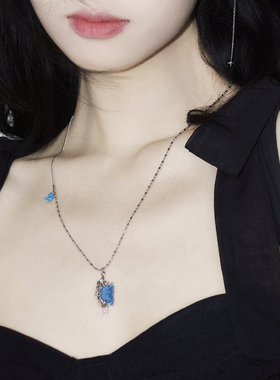 几何液态牛仔布锆石项链小众设计