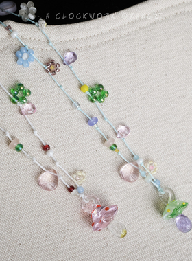 琉璃粉绿蘑菇手作花绳串珠项链女
