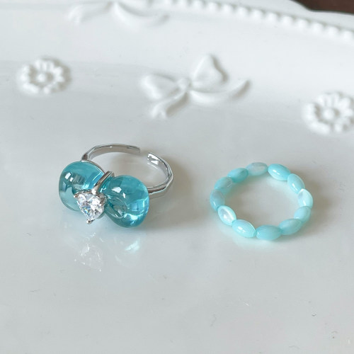 果冻海水蓝色蝴蝶结串珠开口戒指