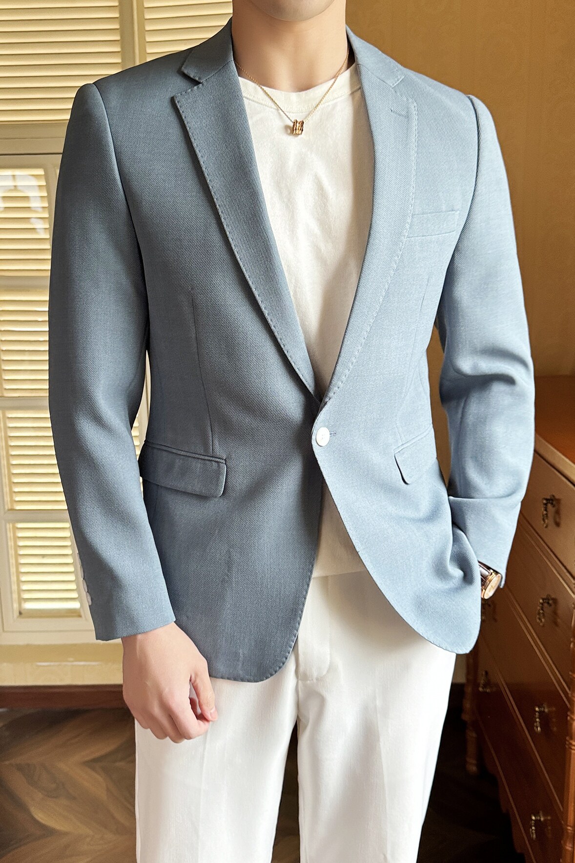 模特图2024男士休闲西装修身西服纯色单西外套DX6946P175,男装西服,电商D216-1