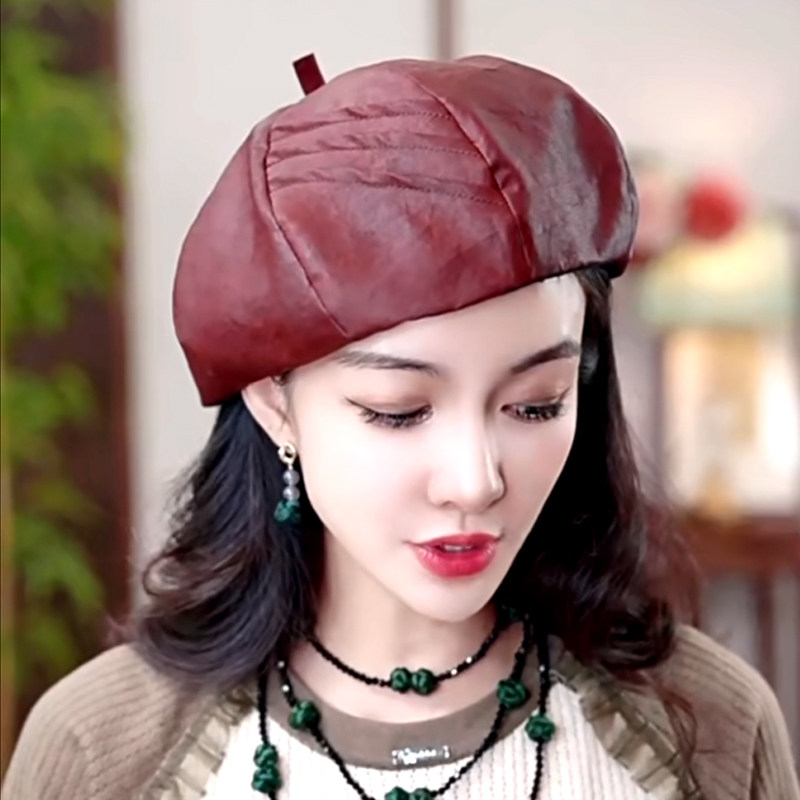 高端香云纱女士帽子春秋款桑蚕丝洋气好看的冒子女帽秋季贝雷帽女