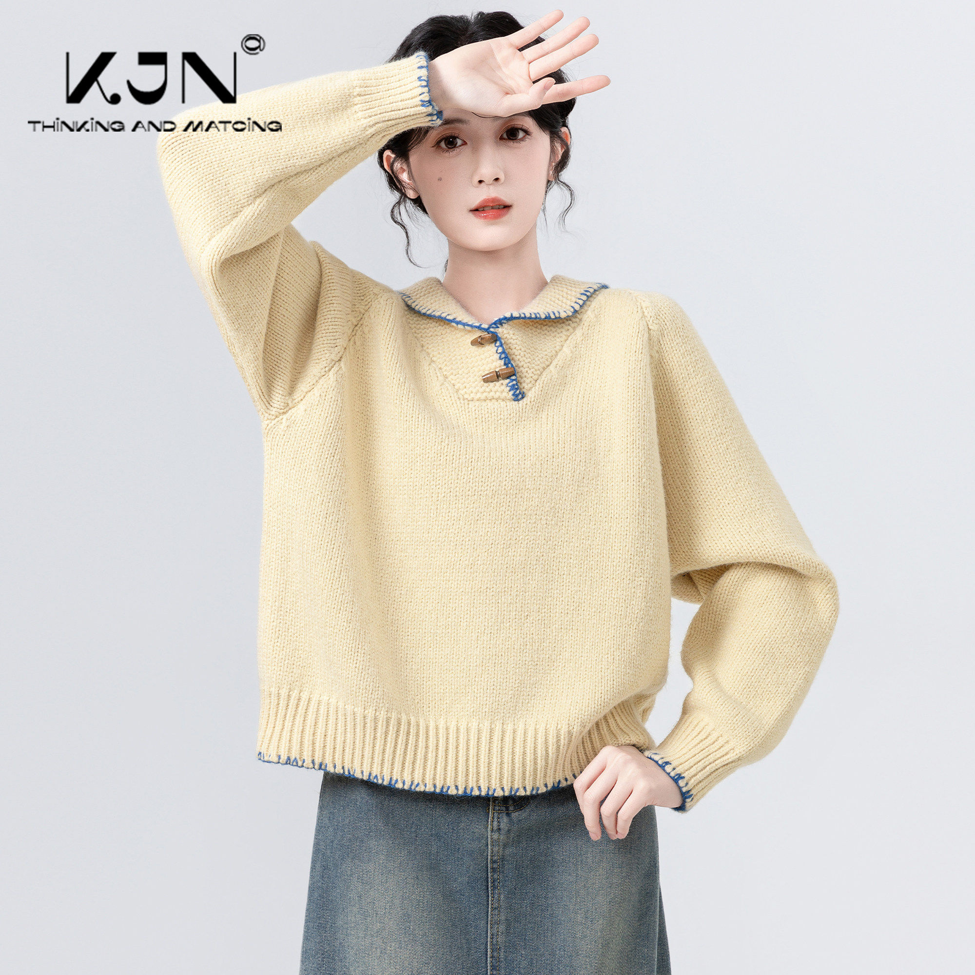 黄色牛角扣polo领毛衣女2025秋冬新款翻领宽松软糯加厚针织衫上衣