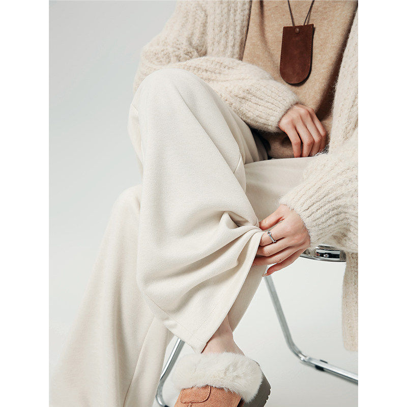 白色羊毛呢阔腿裤女秋冬季款加绒醋酸垂感软糯窄版慵懒直筒糯米裤