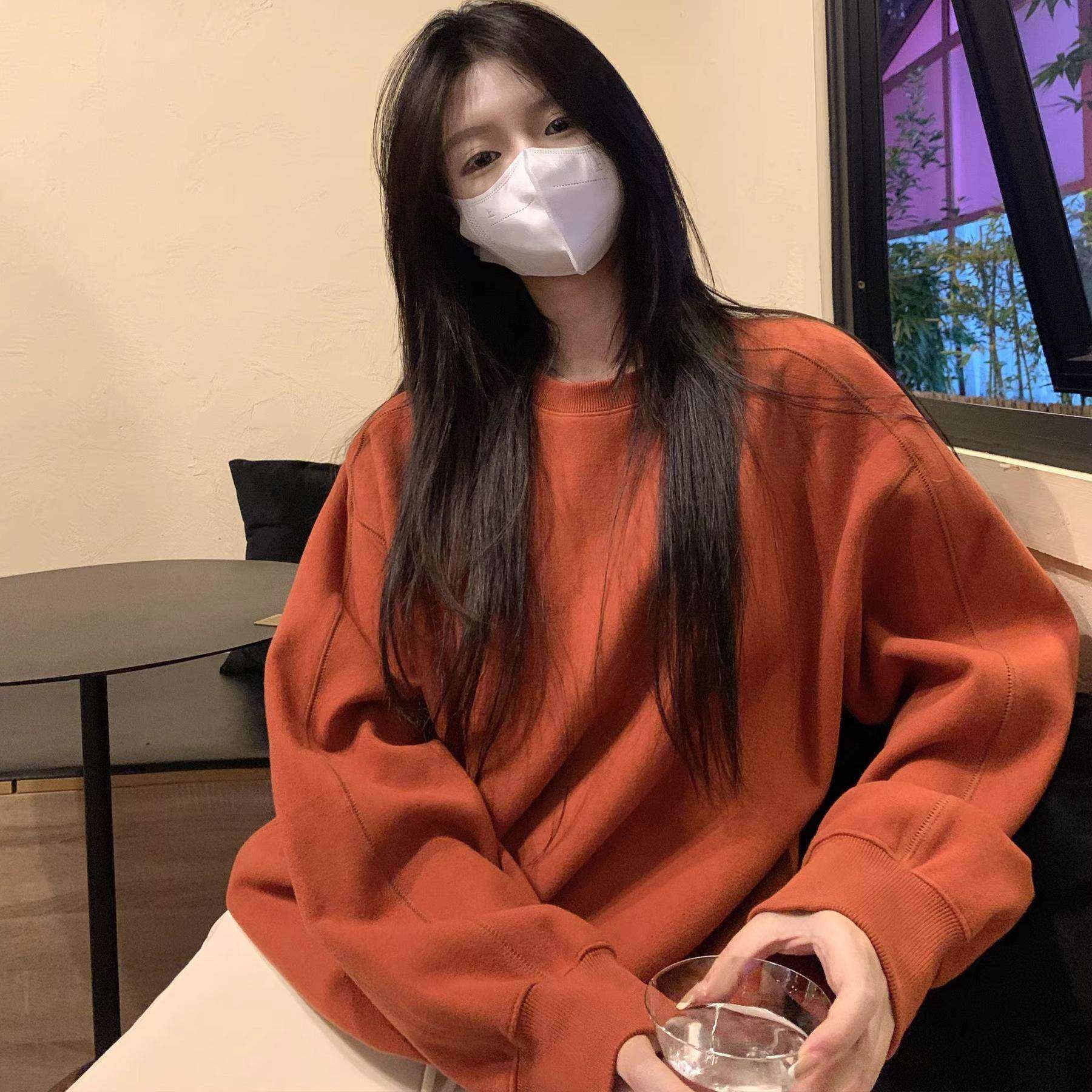 春季超火卫衣女2025年新款爆款oversize美式高街橘色秋冬加绒上衣