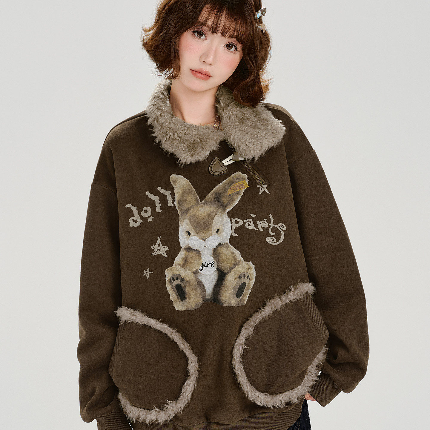 美式复古印花连帽宽松毛领翻领卫衣2025年冬新款上衣套头加绒无帽