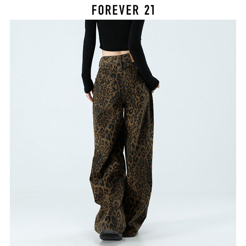 Forever 21美式豹纹阔腿牛仔裤女春季新款高腰显瘦宽松直筒拖地裤