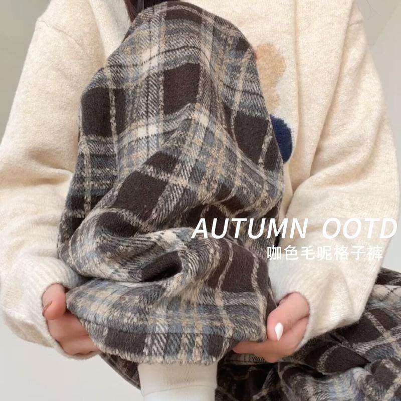300斤大尺码胖mm加绒咖色格子休闲 裤女冬季裤子显瘦阔腿裤毛呢棉,女装/女士精品,大码裤装,淘宝优惠券,粉丝福利购,淘宝优惠卷
