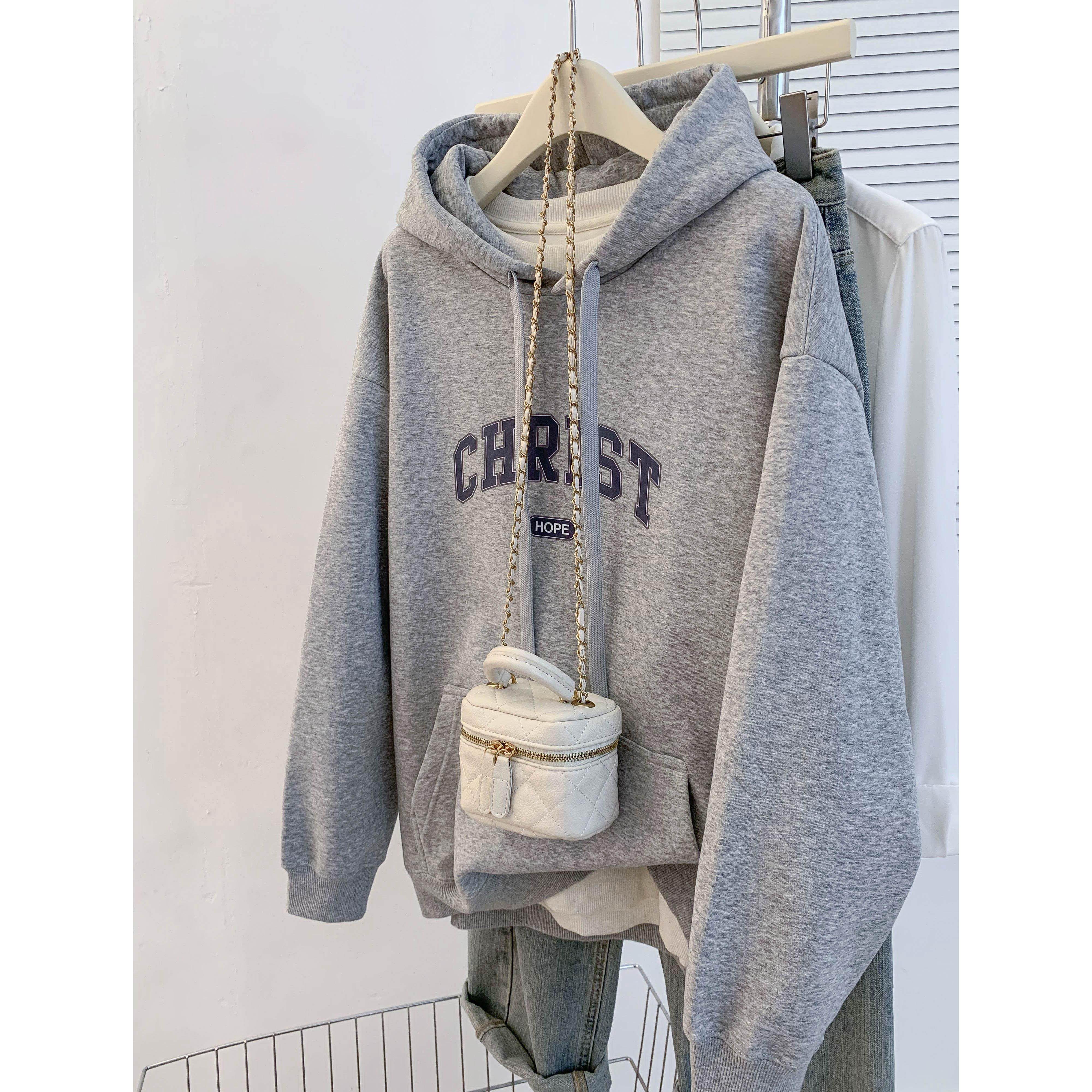 美式灰色连帽运动衫女2025新款春秋宽松加绒慵懒风小个子显瘦上衣