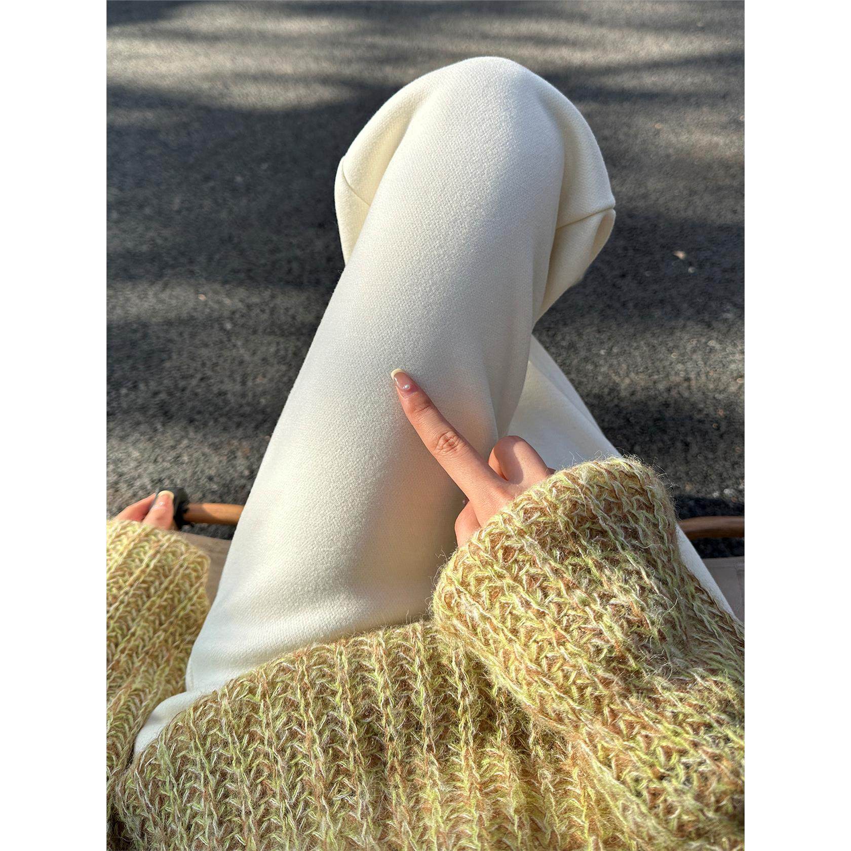 女秋冬丝绒加厚高腰休闲褶皱直筒裤白色羊毛窄阔腿裤