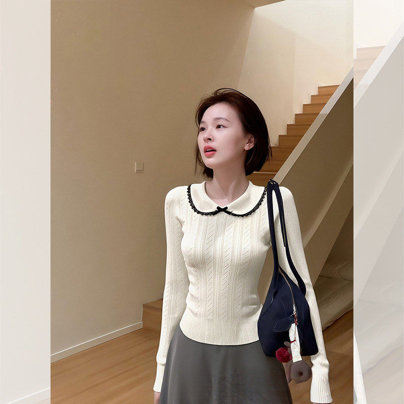 法式白色娃娃领翻领长袖针织衫女秋冬毛衣打底衫内搭软糯加厚上衣