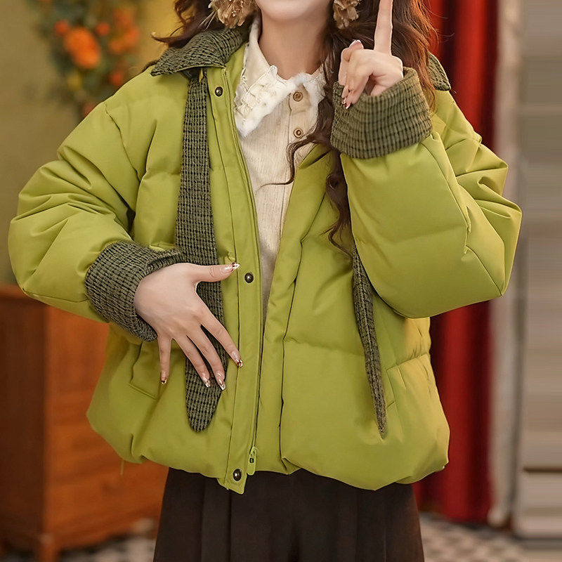 韩版兔耳朵格纹连帽棉服女2025冬季新款宽松显瘦加厚保暖减龄棉衣