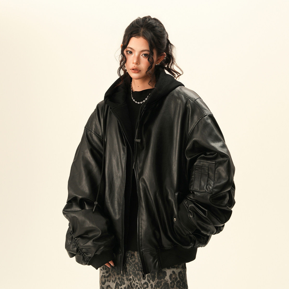 BWKA美式重磅假两件pu皮夹克女男春季潮牌宽松加厚bomber上衣外套