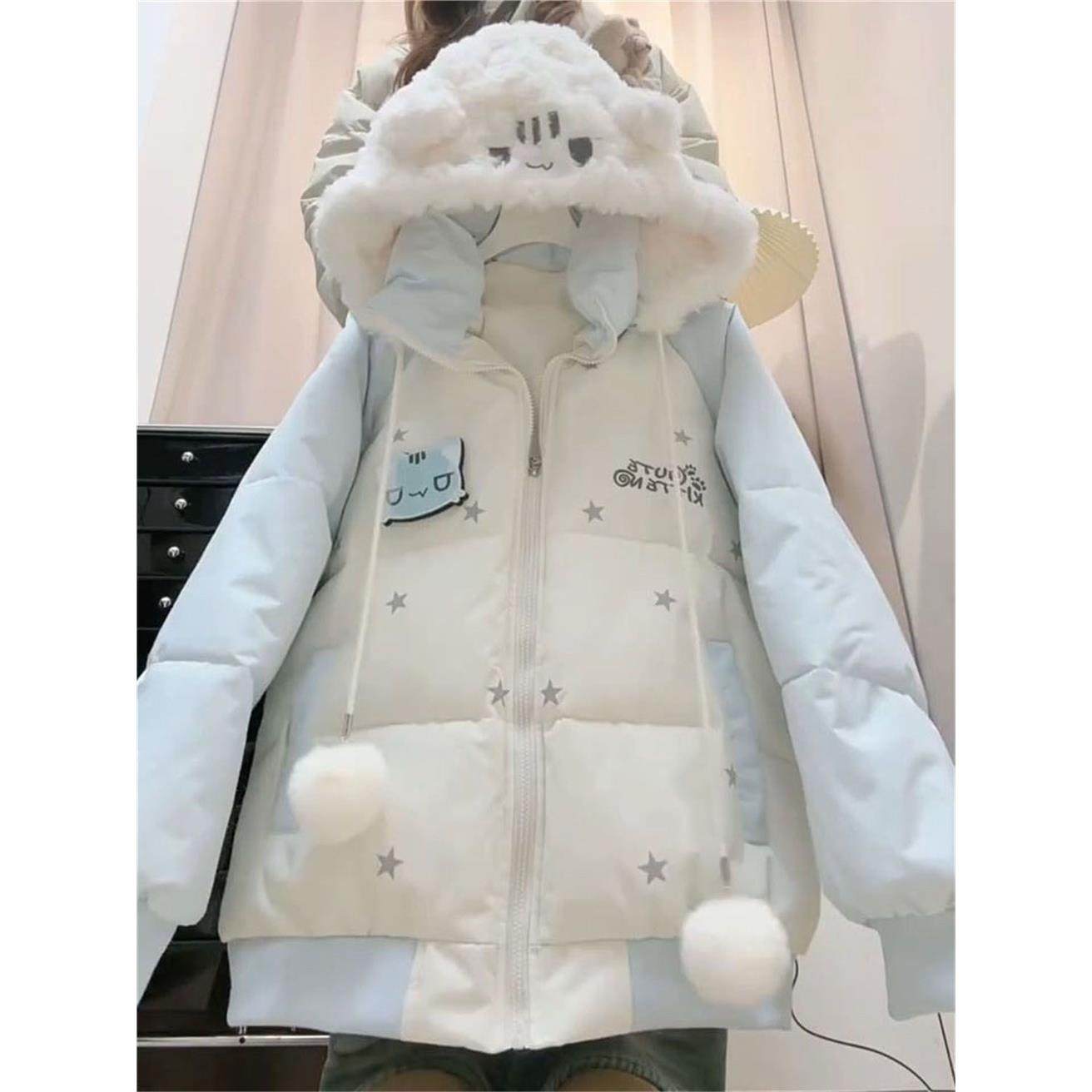 日系学院风冬日新款氛围感蓝色连帽棉服设计感小猫刺绣保暖棉衣女