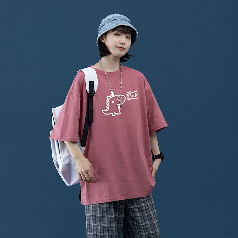 夏季宽松大码中性风手绘小恐龙青春男女运动短袖纯棉T恤T51-P25,男装T恤,星座508（原C305）