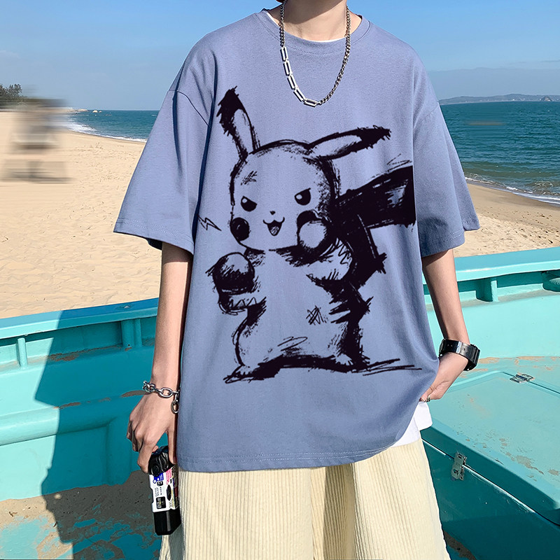 ！22夏季新款宽松大码港风皮卡丘短袖纯棉T恤T61-P30控48,男装T恤,星座508（原C305）