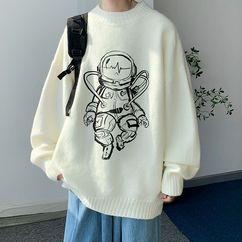 21新款港风素描宇航员宽松大码半高领毛衣圆领加绒加厚针织衫P48图片