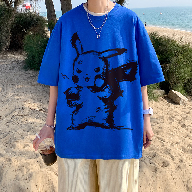 ！22夏季新款宽松大码港风皮卡丘短袖纯棉T恤T61-P30控48,男装T恤,星座508（原C305）