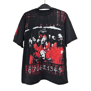 纯棉水洗做旧磨毛重金属活结摇滚乐队圆领短袖外贸男复古高阶T恤