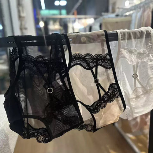 轻熟猫女·纯欲性感蕾丝交叉带透气网纱中高腰内裤女士透肉短裤