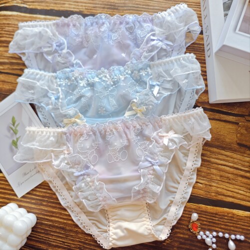 蓝铃花梦日系Lolita少女内裤网纱蝴蝶结刺绣荷叶边低腰三角裤仙女