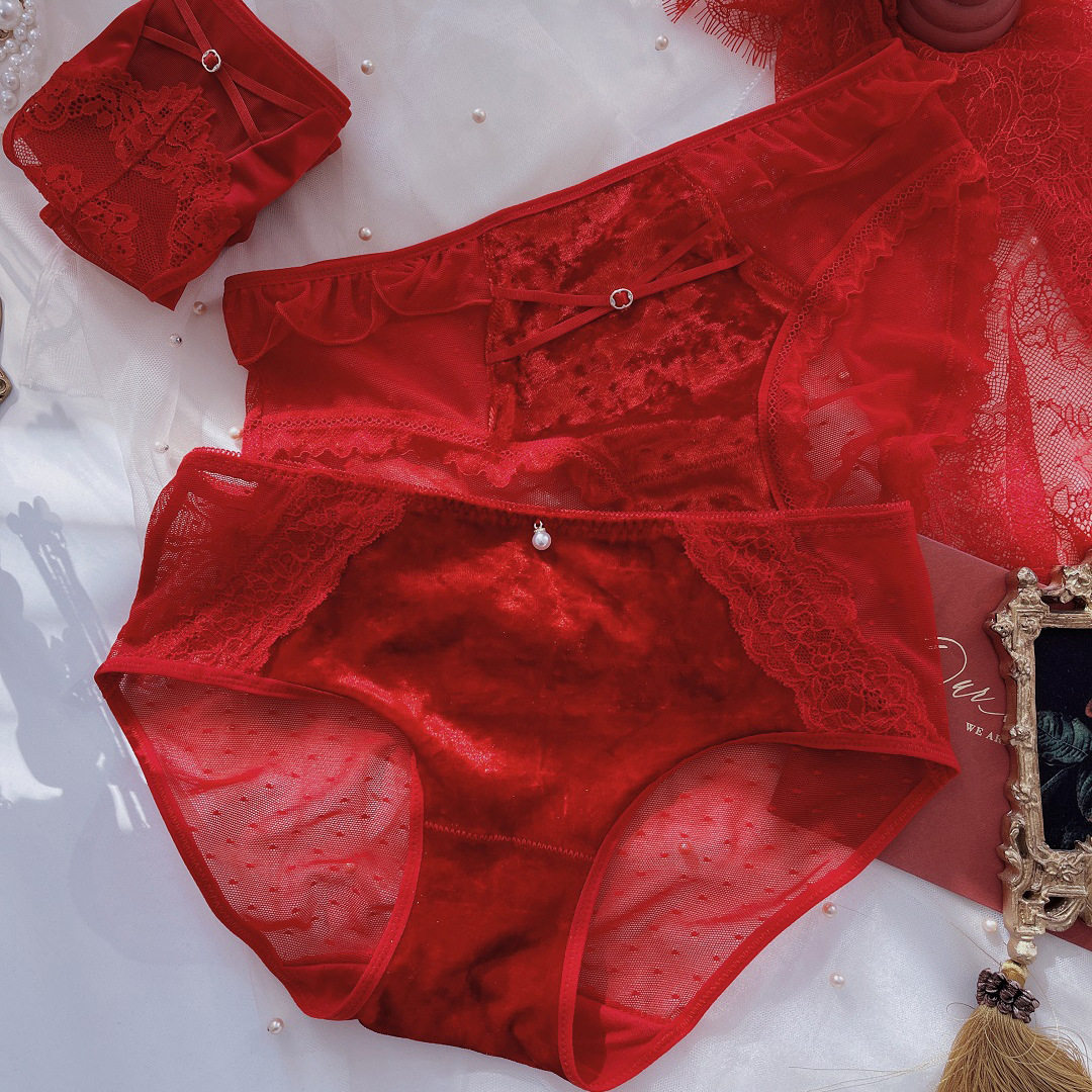 新款本命年红色女士内裤安可拉红丝绒蕾丝性感少女中腰三角裤,女士内衣/男士内衣/家居服,女三角裤,淘宝优惠券,粉丝福利购,淘宝优惠卷