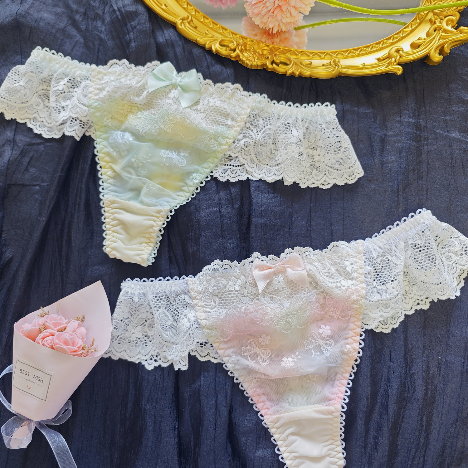 少女の私房浪漫日系冰丝彩虹渐变刺绣蝴蝶结少女T裤蕾丝纯欲丁字