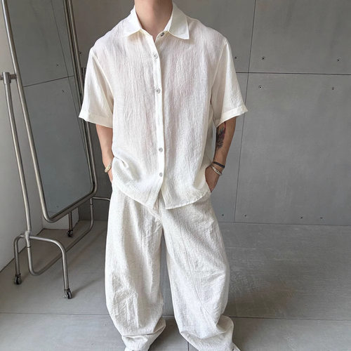 厂家直供肌理感老钱风夏季新款慵懒风衬衫男度假休闲宽松短袖衬衣