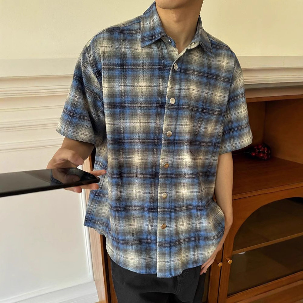 法兰绒蓝色格子短袖衬衫男款夏季高级感格纹衬衣美式cleanfit外套图片