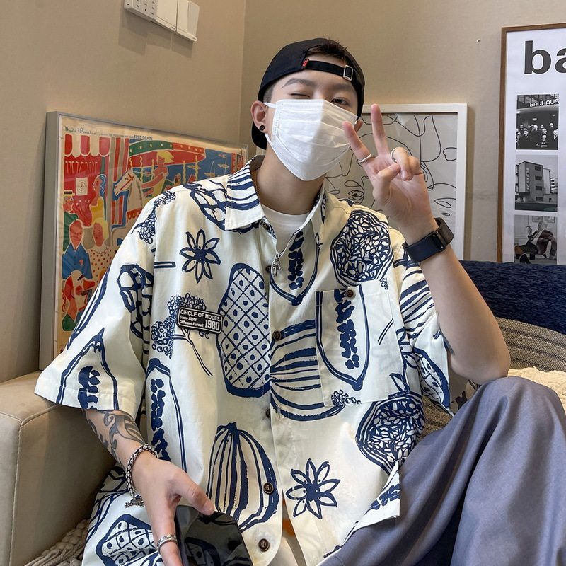 美式复古hiphop花衬衫男短袖夏季vintage潮牌ins痞帅半袖休闲外套