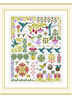 DMC绣线精准印花小小鱼十字绣  B1562蜂鸟几何图 手工刺绣套件