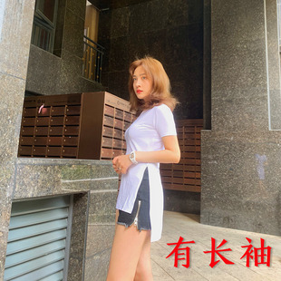 夏季新品性感修身T恤女装打底衫显瘦不规则开叉前短后长上衣潮