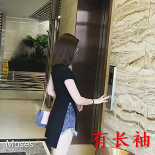 T恤女 网红流行韩版 秋季 上衣圆领前短后长显瘦开叉中长款 纯棉修身