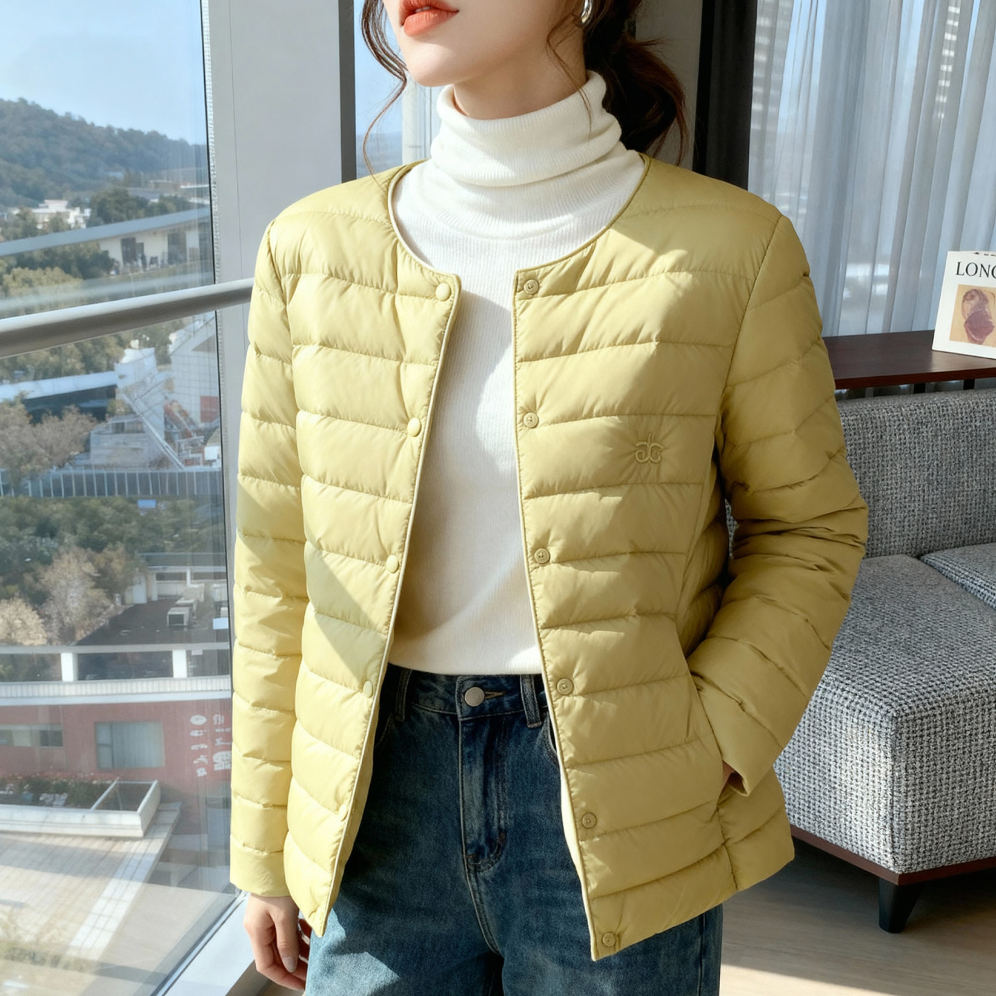 新款冬季轻薄无领羽绒服