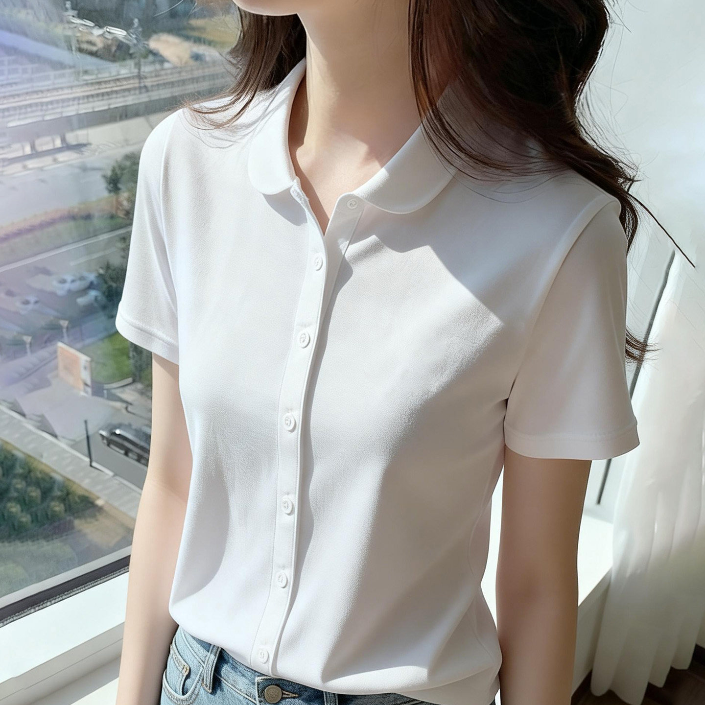 夏季新款通勤风白色短袖衬衫女翻领纽扣修身职业装ol定制LOGO上衣