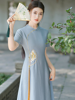 禅服旗袍长款2024年新款夏中国风夏季刺绣气质优雅改良大码奥黛裙