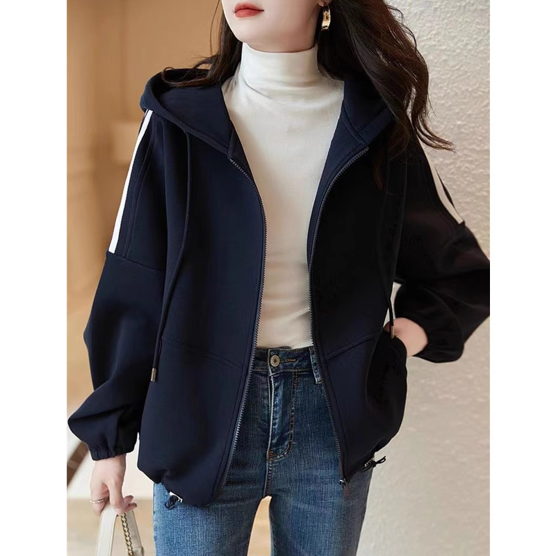 黑色连帽开衫拉炼卫衣外套女2025秋冬新款休闲夹克百搭运动帽衫