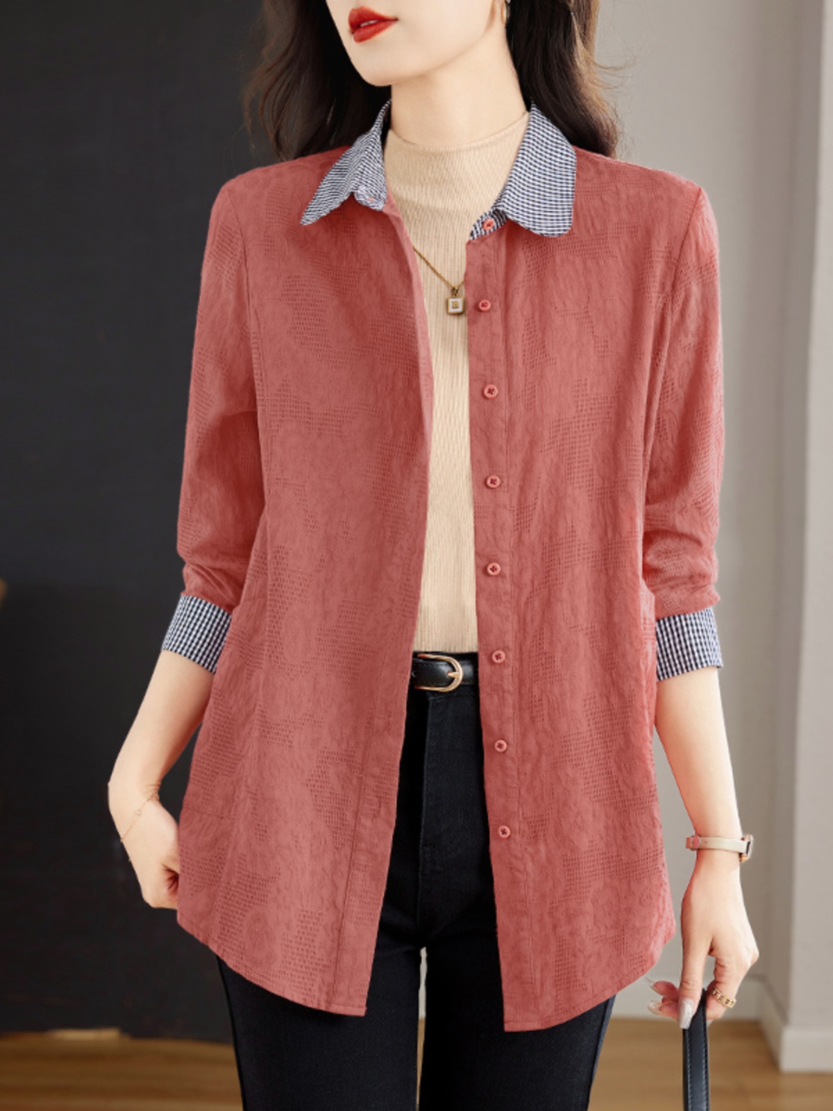 大码长袖撞色衬衫外套女2025春秋季新款宽松显瘦洋气翻领休闲衬衣