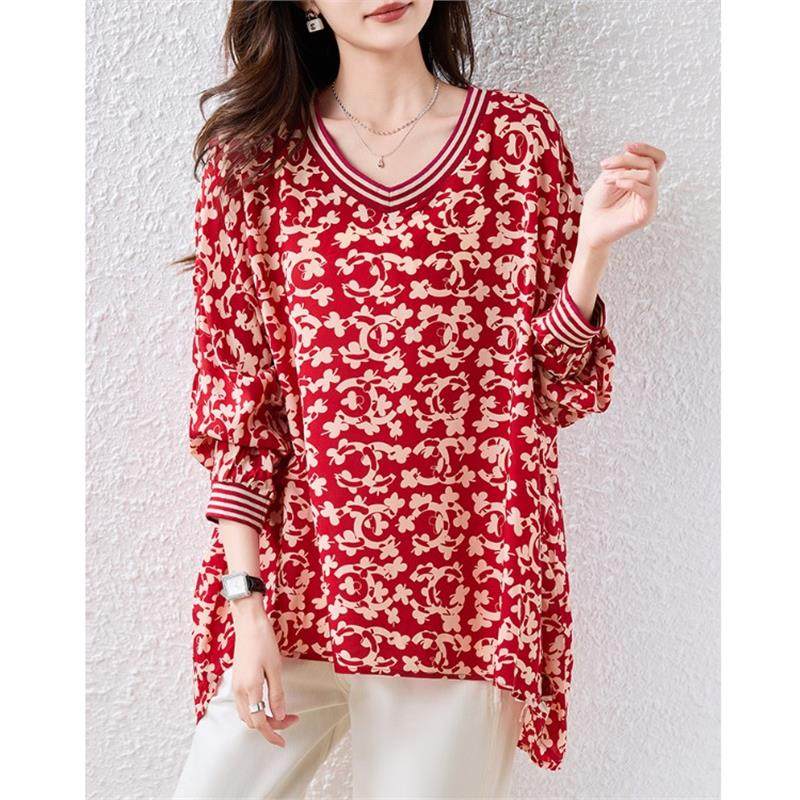 花色不规则长袖雪纺衫女2025春秋新款宽松显瘦遮肚子时尚休闲上衣