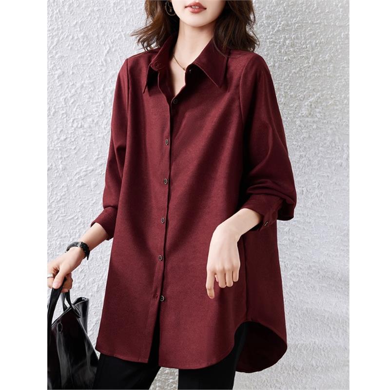 纯色中长款洋气百搭衬衫女春秋季新款韩版宽松显瘦时尚休闲衬衣