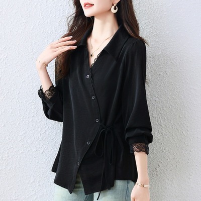 大码黑色设计感V领衬衫女春秋新款时尚休闲宽松显瘦纯色简约上衣