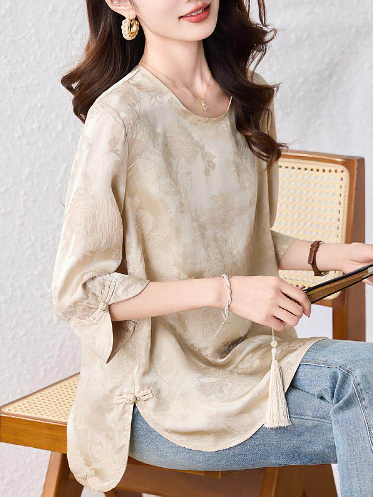 高级感新中式提花覆古盘扣七分袖衬衫女秋季新款国风气质休闲上衣,女装/女士精品,大码内搭,淘宝优惠券,粉丝福利购,淘宝优惠卷