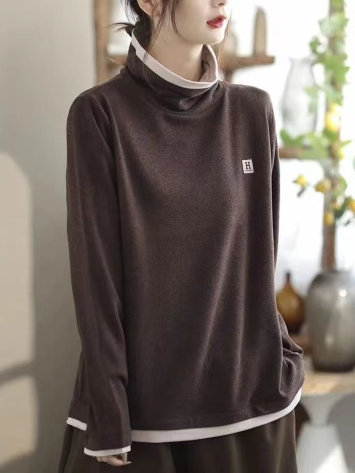 双面德绒堆堆领假两件卫衣女冬季新款设计感加厚气质打底绒衫上衣