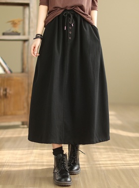 日系半身裙女秋冬新款宽松高腰抽绳显瘦中长款a字长伞裙