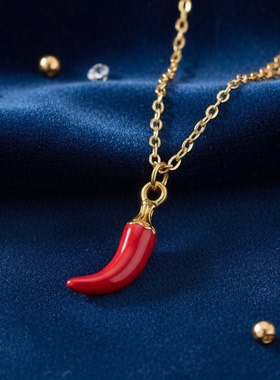 时尚红辣椒吊坠项链女金色