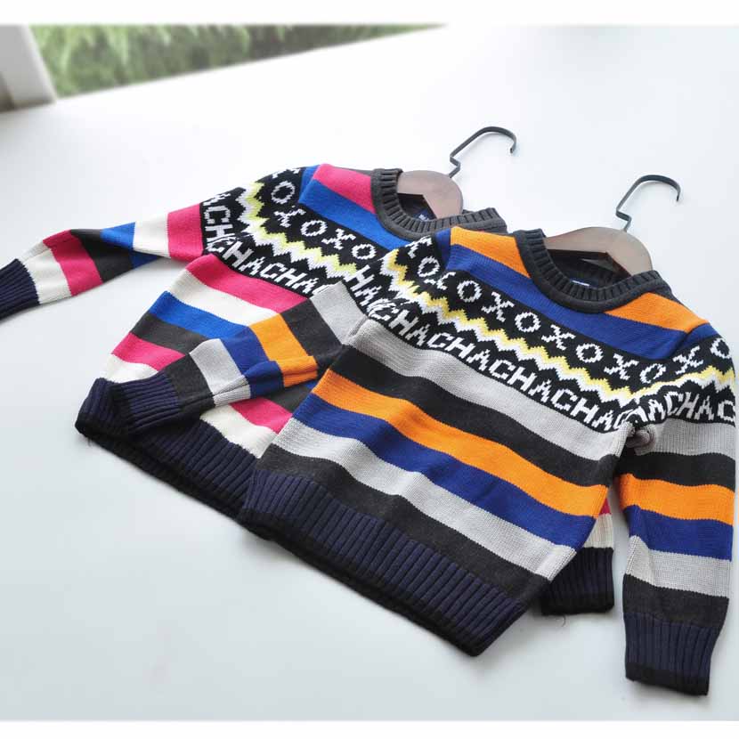 断码清货欧美风圆领全棉条纹毛衣