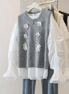 新款大码胖mm马甲叠穿上衣法式2025春独特喇叭袖白色正肩衬衫女