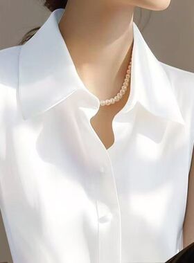 夏季新款百搭休闲气质小衬衣法式温柔风白色缎面POLO领无袖衬衫女