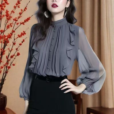 荷叶边衬衫女法式长袖小衫上衣