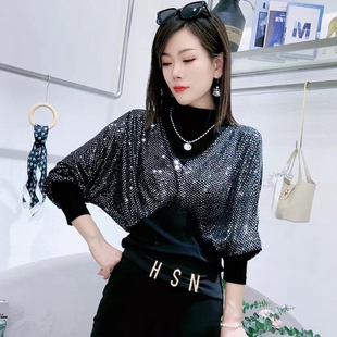 洋气半高领修身 气质减龄衬衫 显瘦上衣女长袖 新款 撞色t恤 秋季 时尚